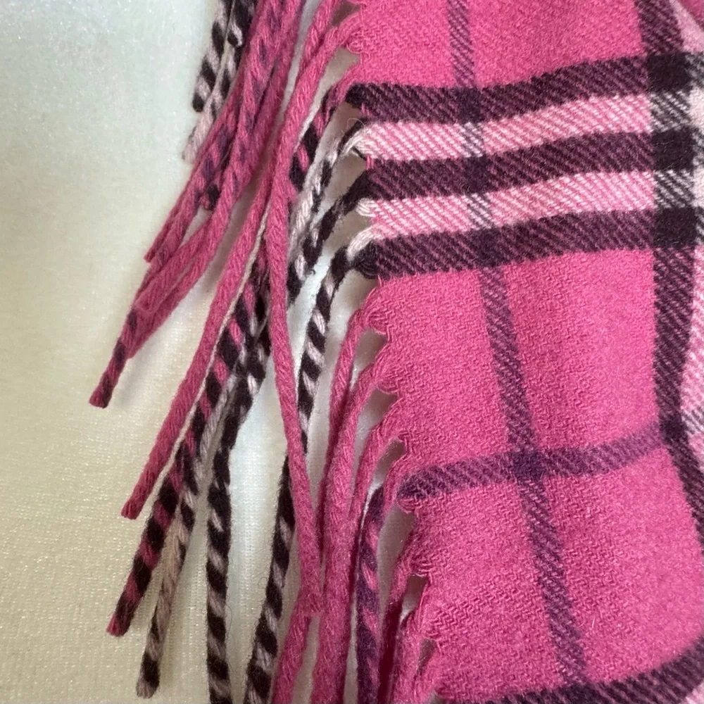Burberry 100% cashmere authentic happy double fringe hot pink plaid scarf vintag